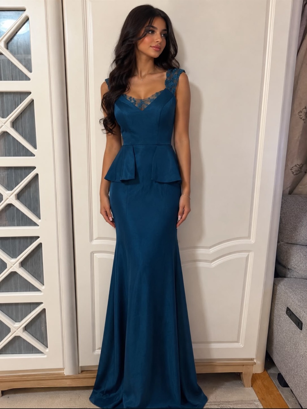 Elegant Teal Lace-Trim Peplum Gown - Women Dresses